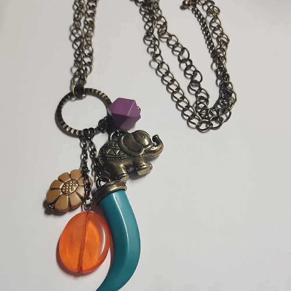 Elephant Charm Necklace with Orange and Teal Accents
